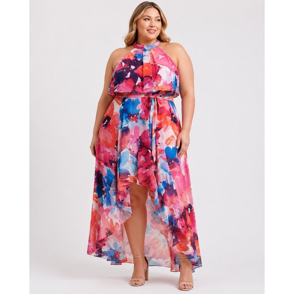 Eliza J Floral Chiffon Maxi Dress Size 18W Pink Watercolor NWT Wedding Summer